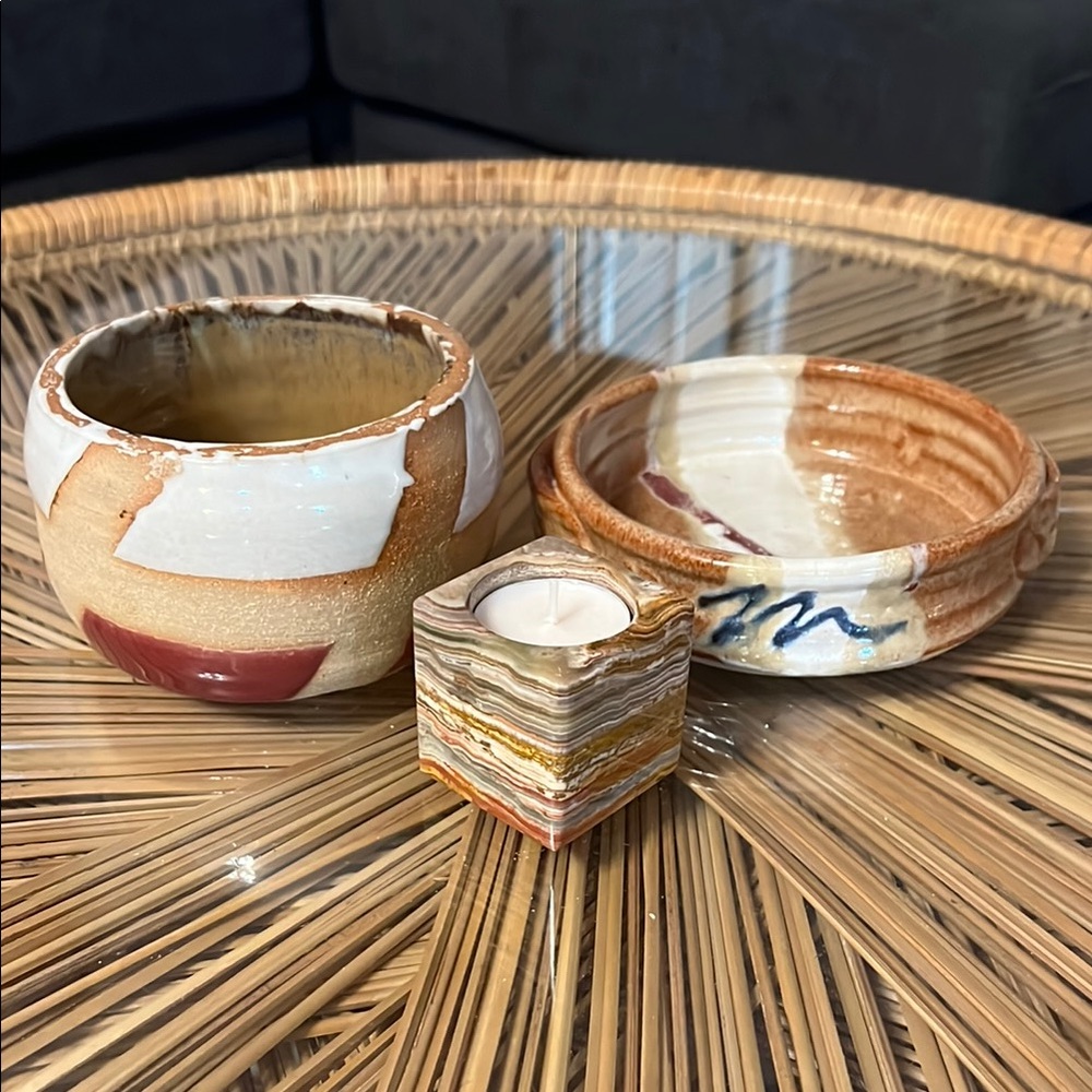 (3) ceramic pottery bowls and candle